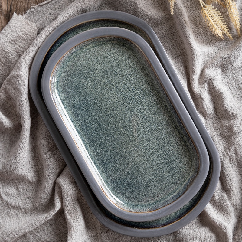 Happy Go 30.6*18cm Stoneware Oval Plate Inner Reactive Glaze Outside Color Glaze