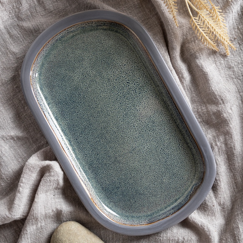 Happy Go 25.5*15.3cm Stoneware Oval Plate Inner Reactive Glaze Outside Color Glaze