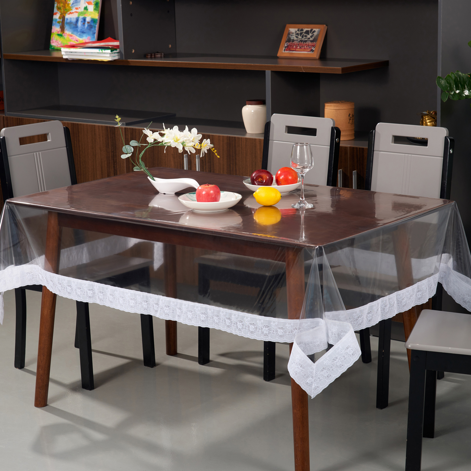 PEVA Clear Tablecloth Protector_White 3 Inch PVC Lace Edge