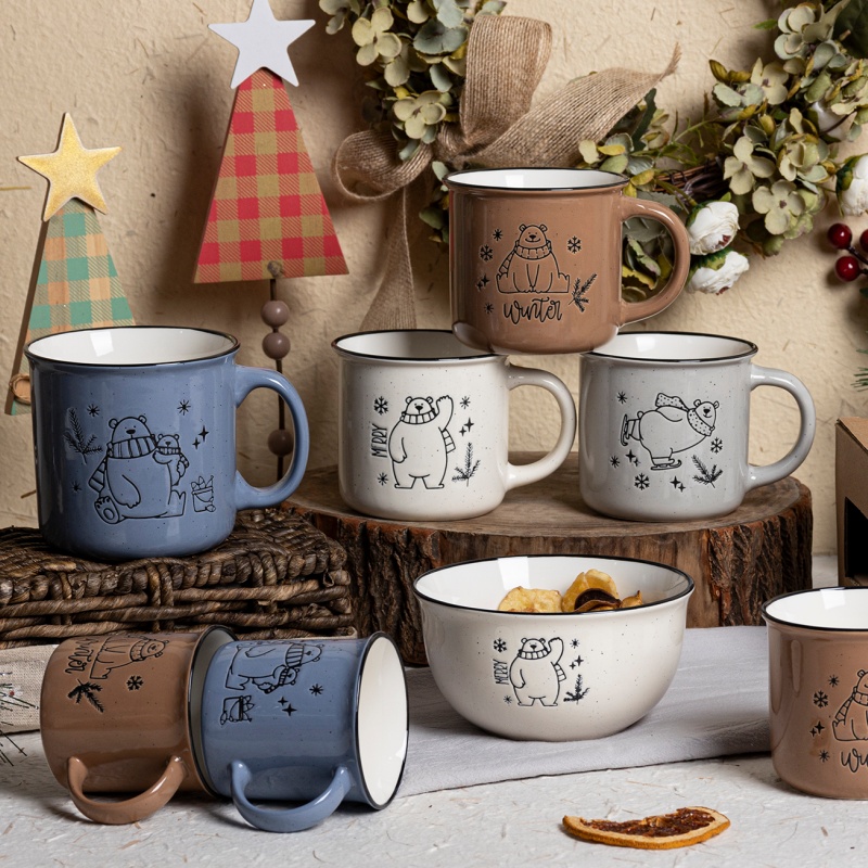7/10/13/18OZ Winter Bear Enamel Style Mug, Nordic Ceramic Coffee Cup with Polar Bear Print