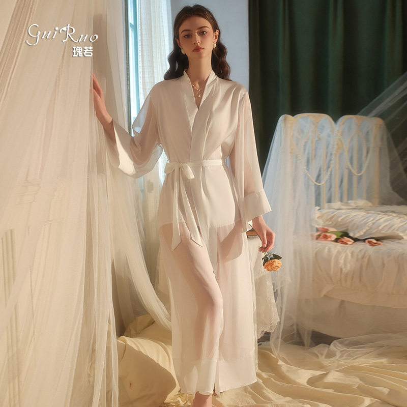 Guiruo silky solid color satin open collar lace slim fit comfortable long women's nightgown