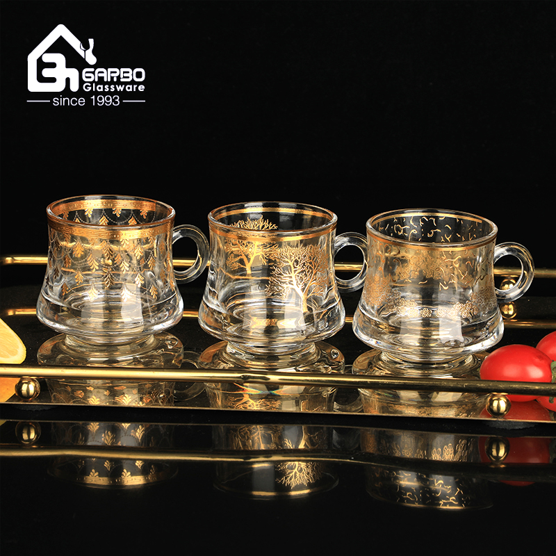 80ml Tea Glass Set with Gold Rim and decal design, Luxury Tea Glass Set with Gold Tree Design