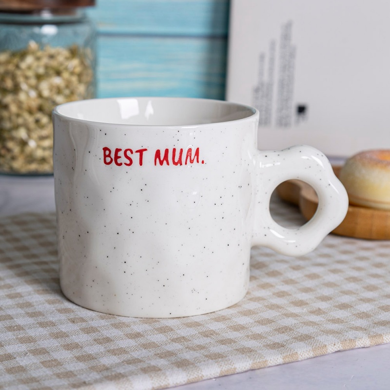 14oz “Best” Series Flower Handle Mug, Minimalist Ceramic Cup with Color Letter Design