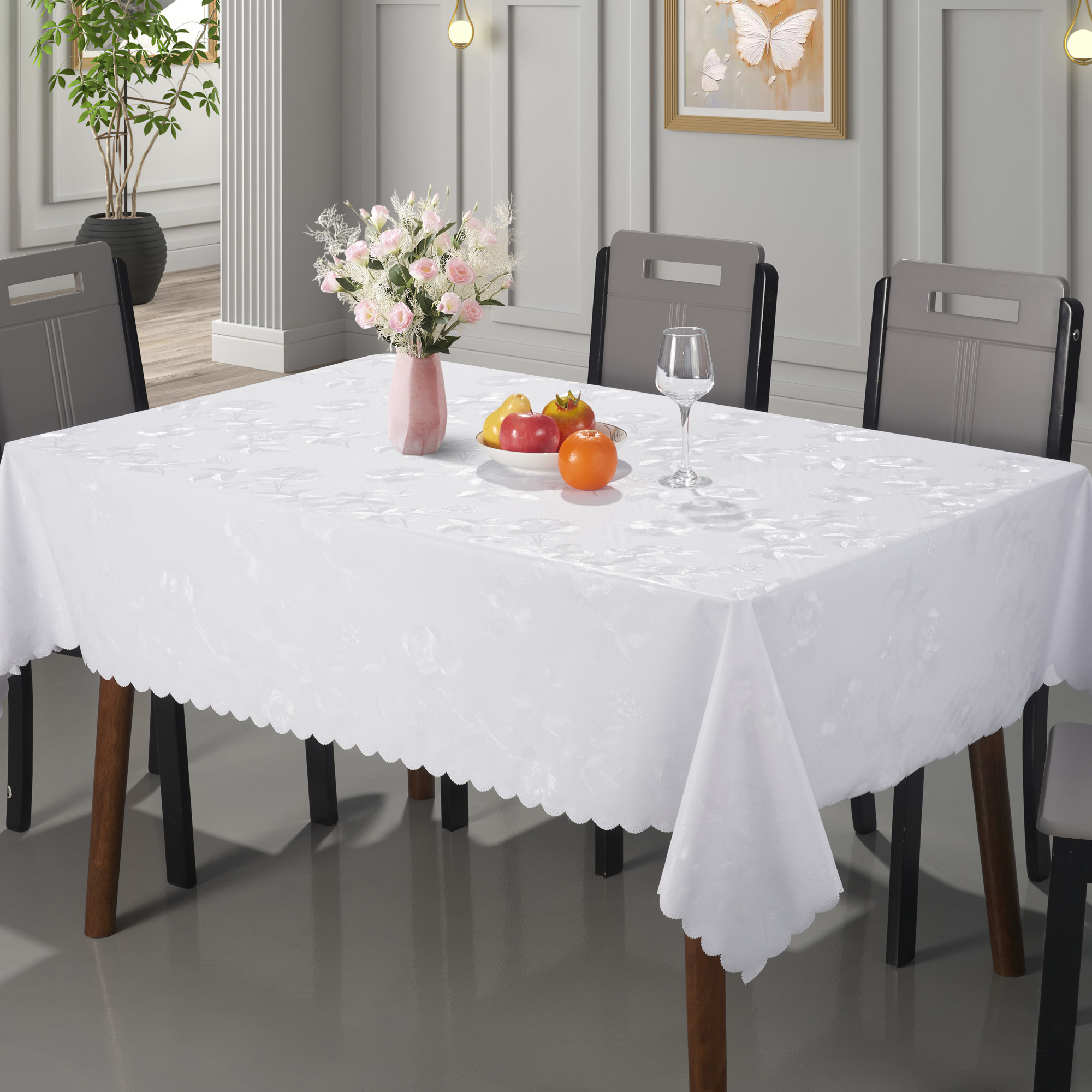 Pearlescent Embossed PVC Tablecloth with Yarn Backing_Butterfly Shape Edge