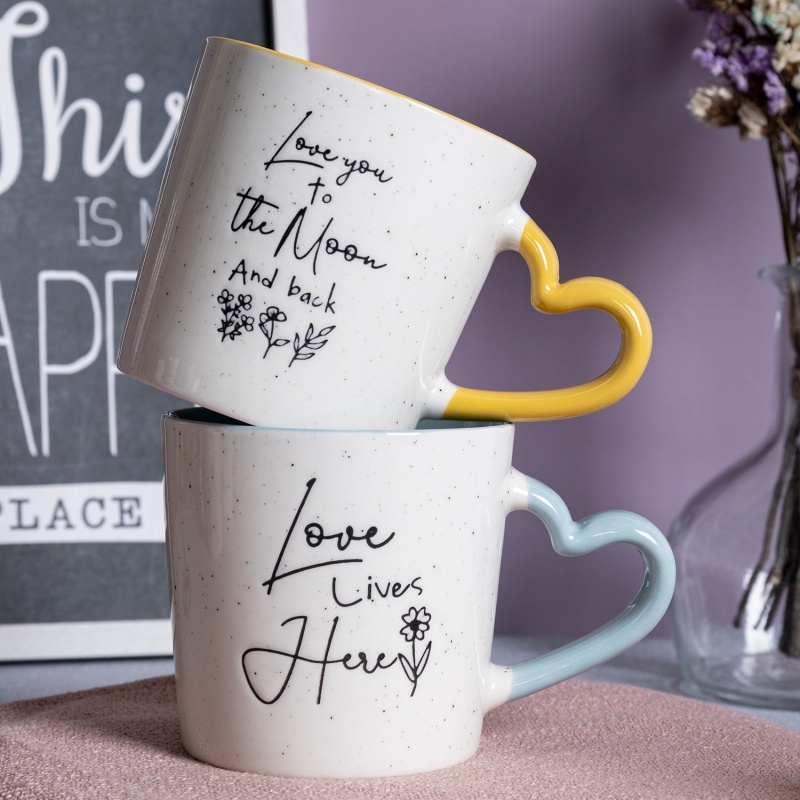 13oz Home & Love Heart Handle Mug, Romantic Letter Print Ceramic Cup, Gift for Lovers