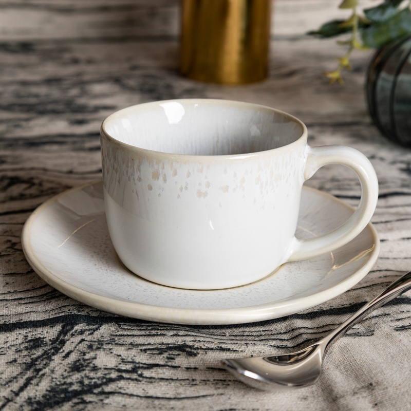 170ml/300ml White Pearl Reactive Glaze Ceramic Cup and Saucer Set, Elegant Gloss, Home &Gift Display