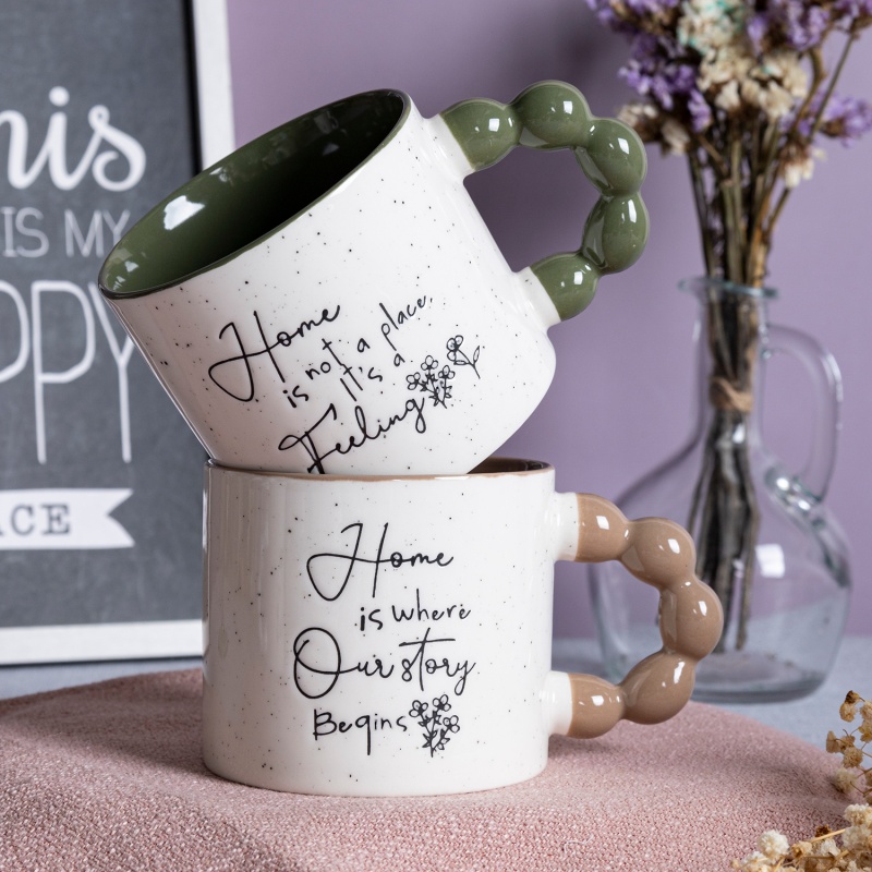 12oz Home & Love Beaded Handle Mug, Under-Glaze Printed Home Theme Ceramic Cup