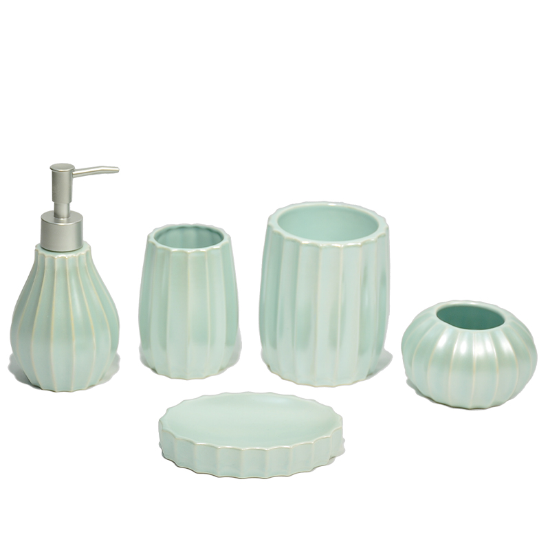 Light cyan vertical pattern light luxury pearlescent bathroom five-piece set