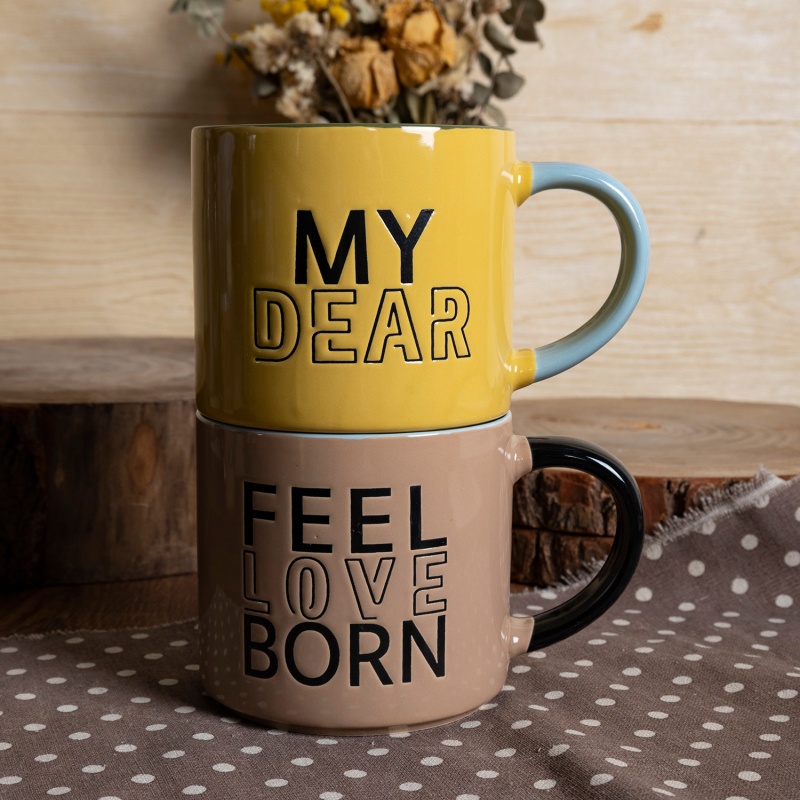 14oz Urban Bold Stackable Ceramic Mug, Big Letter Design Coffee Cup Set
