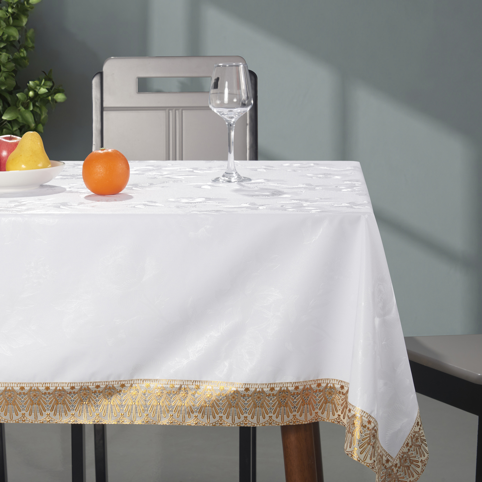 Pearlescent Embossed PVC Tablecloth with Yarn Backing_3 inch Gold PVC Lace Edge Edge