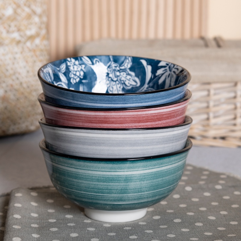 15.5cm Harmony Dual-Design Ceramic Bowl Set of 4, Japanese Style Floral Tableware Gift Set