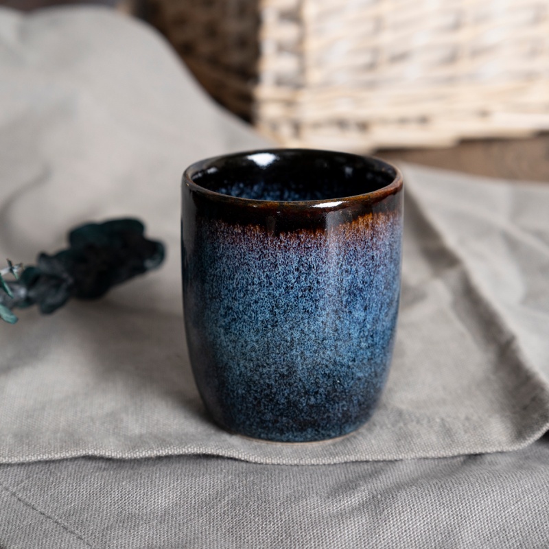 2oz/3oz Deep Blue Reactive Glaze Handleless Ceramic Cups, Smooth Finish, Café & Gift Display