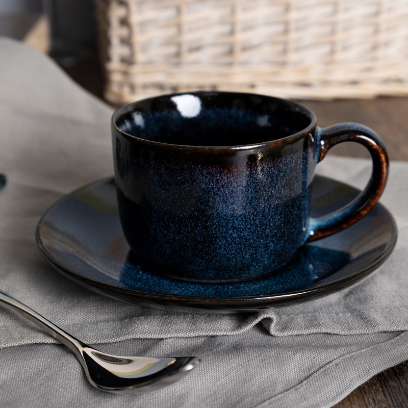 6oz (170ml) Deep Blue Reactive Glaze Ceramic Cup and Saucer Set, Handcrafted Gloss, Café & Gift