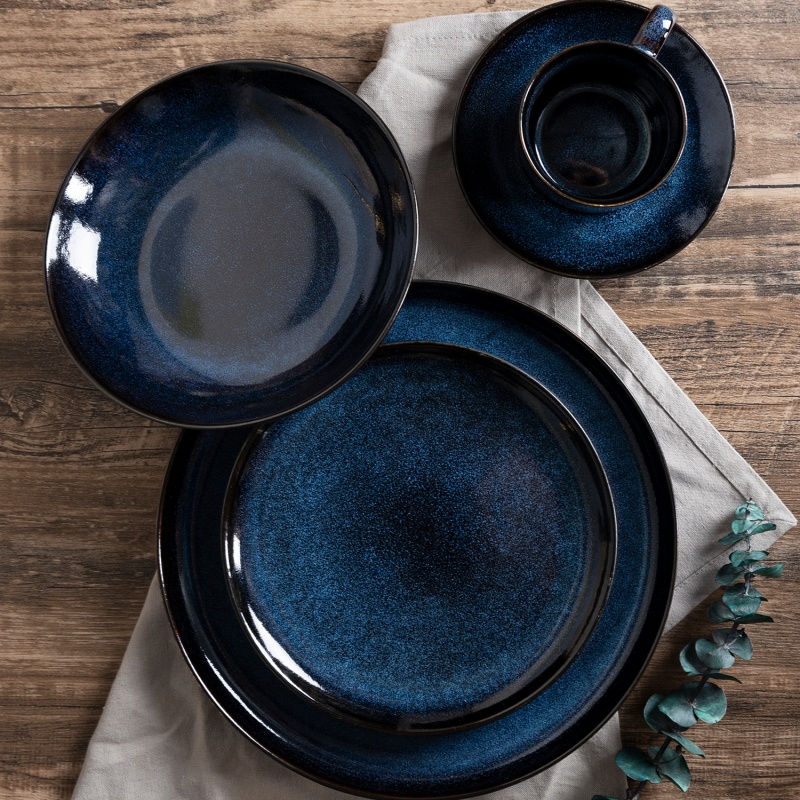 20-Piece Deep Blue Reactive Glaze Stoneware Dinner Set, Plates Bowls Cups &Saucers