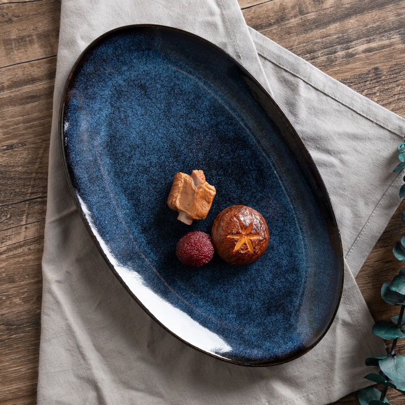 23.5cm/28cm/29.4cm Deep Blue Reactive Glaze Oval Fish Plates with Double Foot, Restaurant & Gift