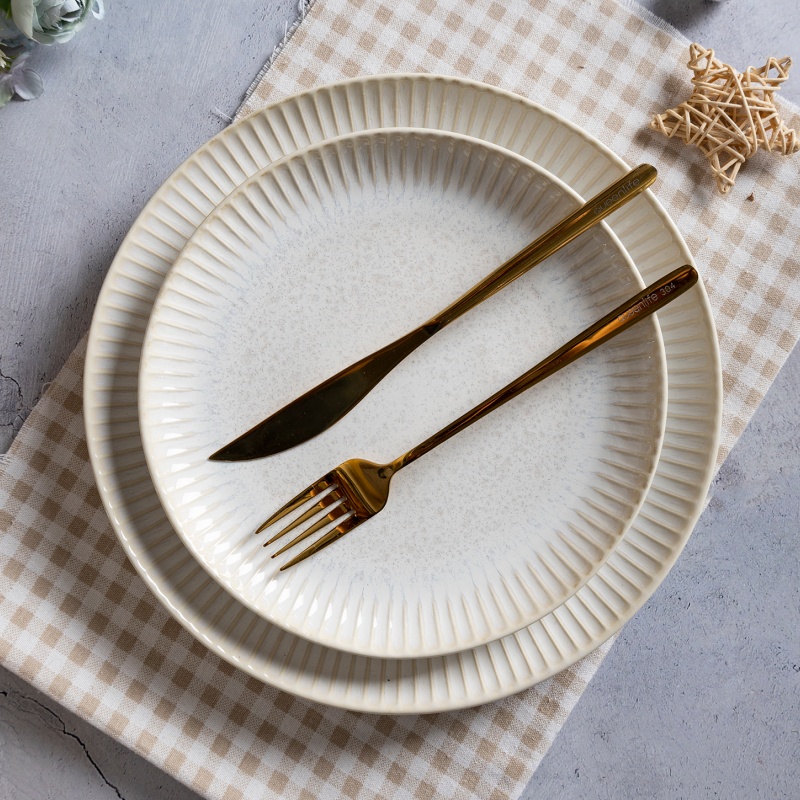 22cm/26.5cm Embossed Stripe White Reactive Glaze Ceramic Plates, Restaurant & Gift Display