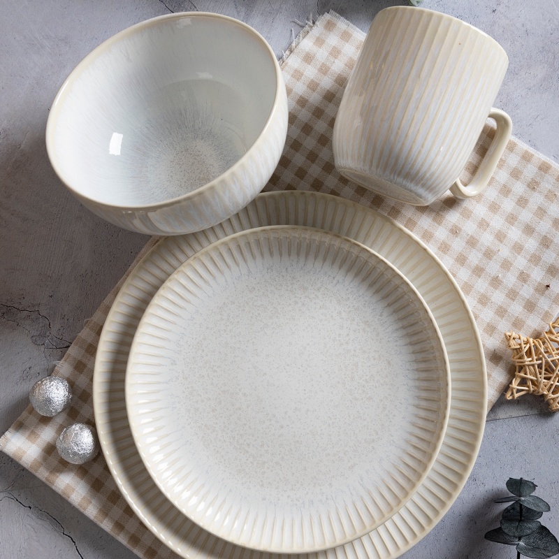 16-Piece Embossed Stripe White Reactive Glaze Ceramic Dinner Set, Plates Bowls & Cups