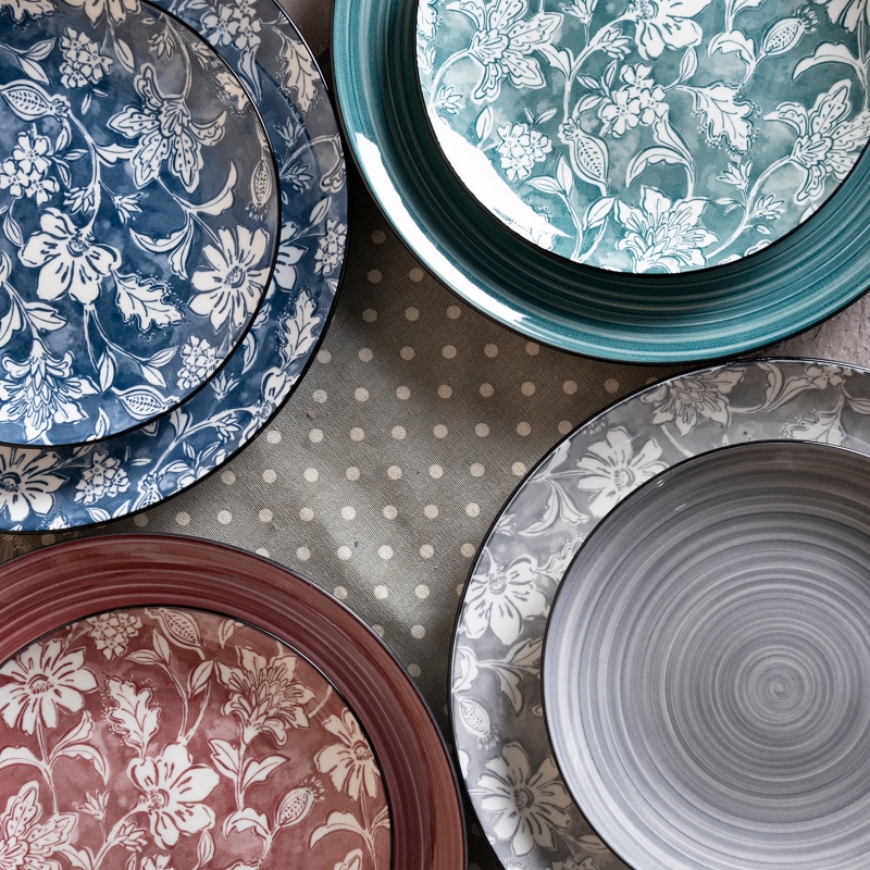 Printed Ceramic Dinner Plates and Salad Plates Set, 26.8cm & 19.2cm, Floral Pattern, 4 Colors