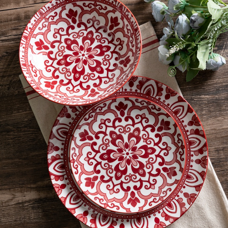 18-Piece Mandala Printed Dinnerware Set, Colored Rim Plates, Gift Box, 26.5/19.4/20cm (6 Each)