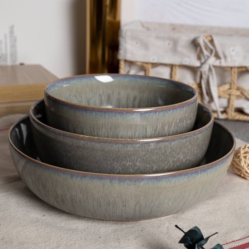 11.2cm/15cm/15.8cm/18cm/22.3cm Grey Reactive Glaze Stoneware Bowls & Soup Plates, Handcrafted Finish