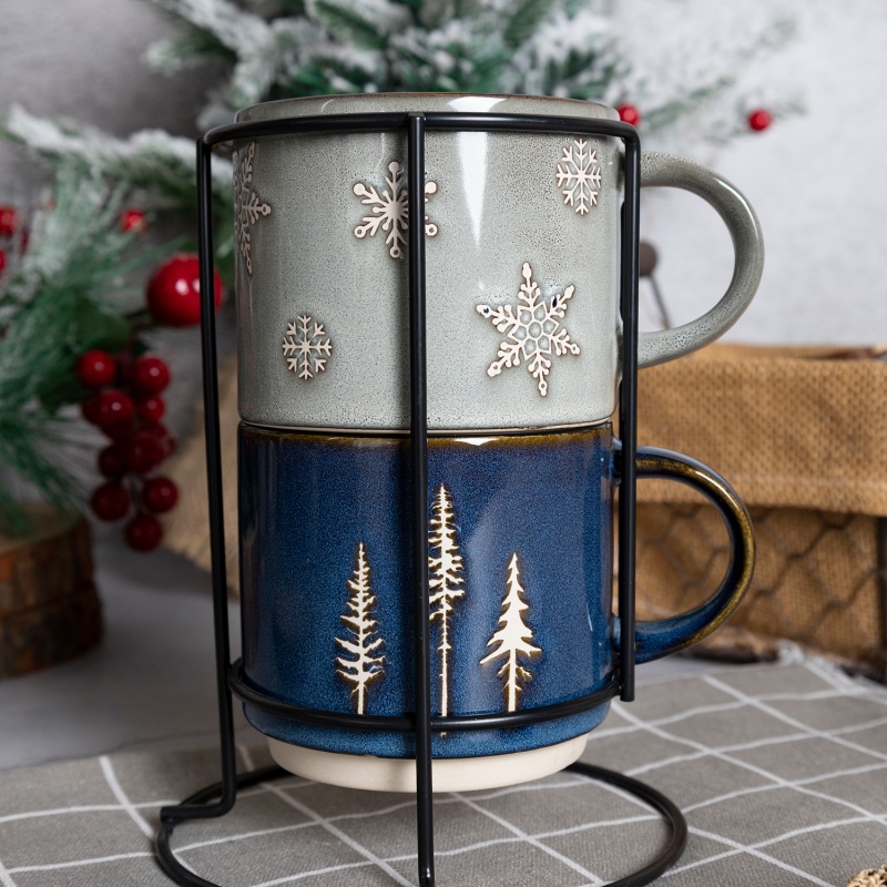 Happy Go 14oz/390ml Christmas Milk Mug Outside Reactive Glaze With Silk Screen And Natual Bottom