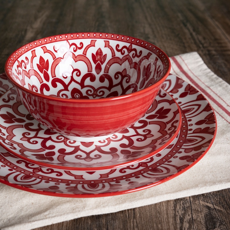 18-Piece Mandala Printed Dinnerware Set, Colored Rim, Gift Box, 26.5/19.4/15.5cm Plates & Bowls