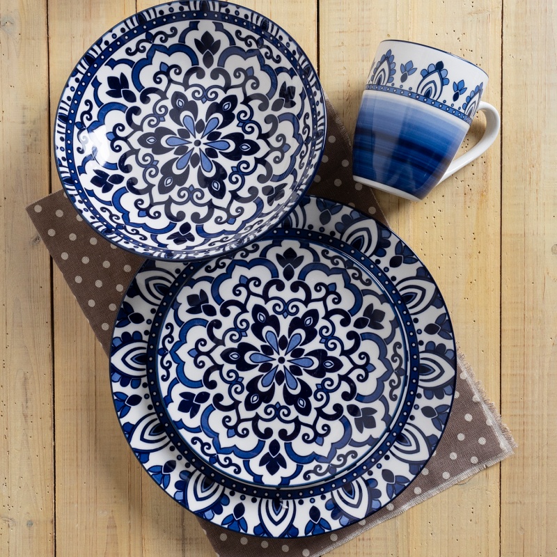 24-Piece Mandala Printed Dinnerware Set, Colored Rim, Gift Box, Plates, Bowls & 11oz Mugs (6 Each)