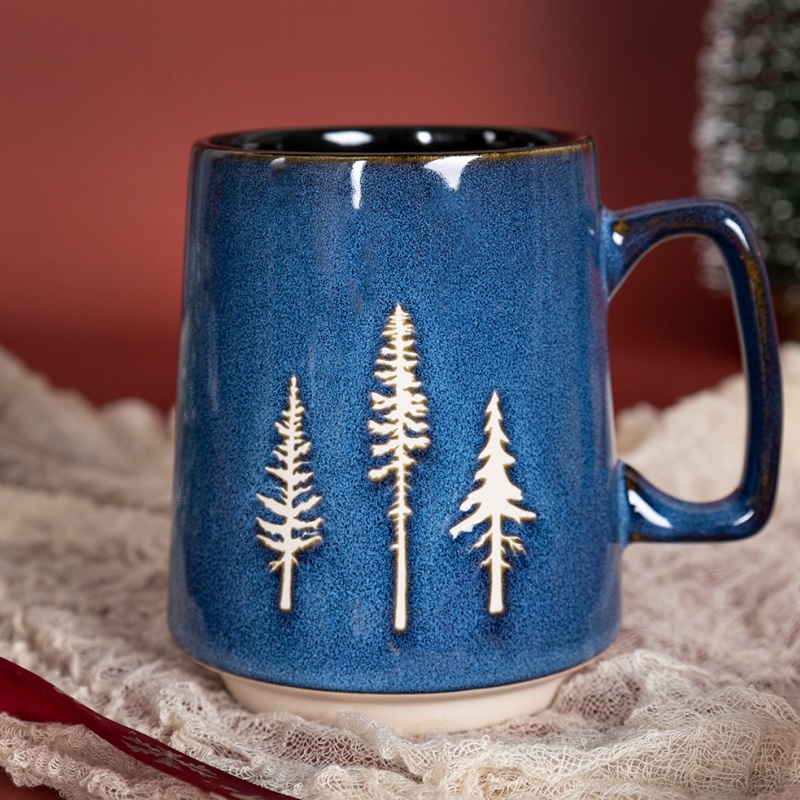 Happy Go 14oz/390ml Christmas Mug Outside Reactive Glaze With Silk Screen And Natual Bottom