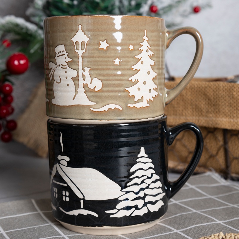 Happy Go 16oz/450ml Christmas Beer Mug Outside Reactive Glaze With Silk Screen And Natual Bottom