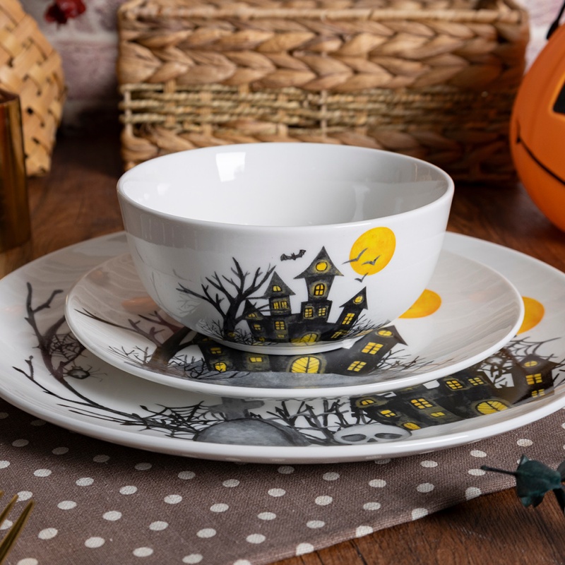 Halloween Printed Dinnerware Set, 18-Piece Gift Box, Plates, Bowls & 11oz Mugs