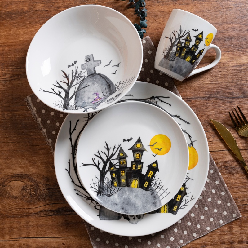 Halloween Printed Dinnerware Set, 24-Piece Gift Box, Plates, Bowls & 11oz Mugs