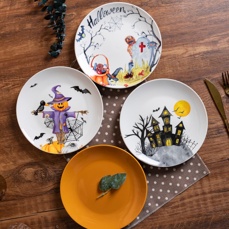 19.5cm Halloween Printed Salad Plate, Pumpkin Witch Bat Design， Tableware