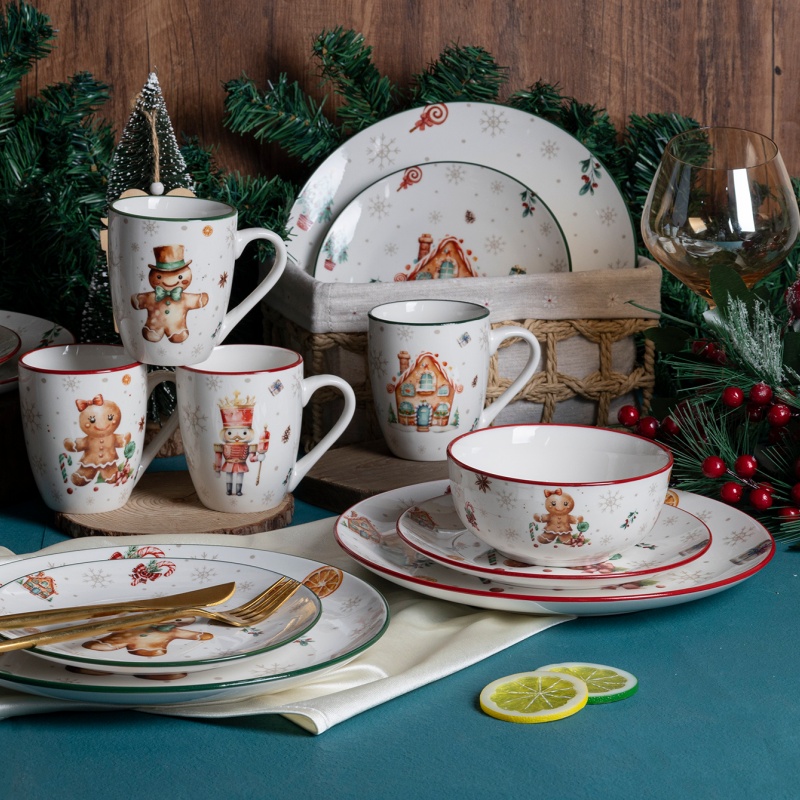 18-Piece Christmas Dinnerware Set, White Porcelain with Printed Plates & Bowls, Festive Design