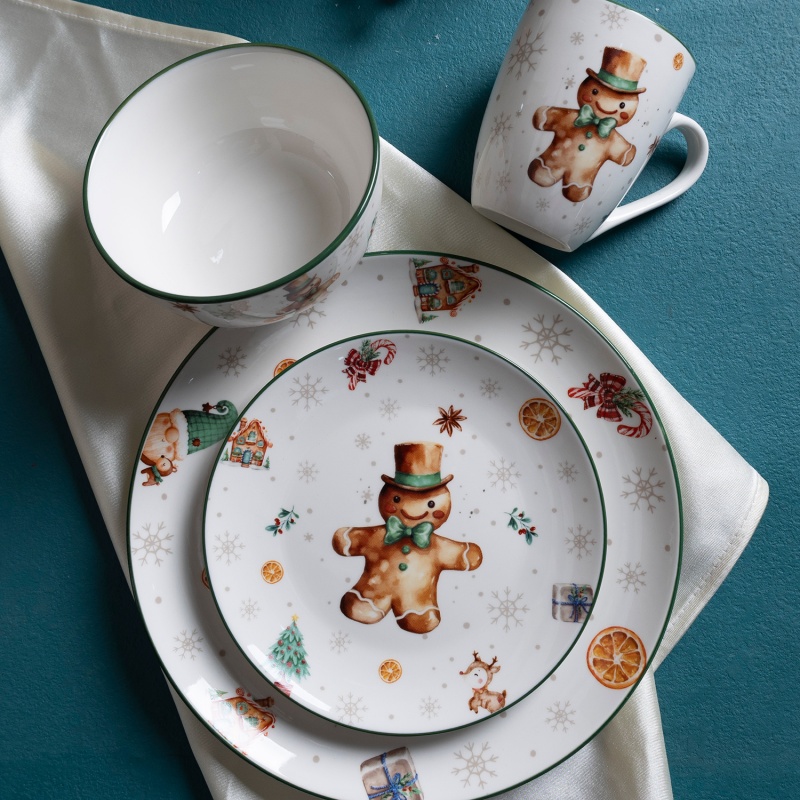 24-Piece Christmas Dinnerware Set, White Porcelain with Printed Plates, Bowls & 12oz Mugs