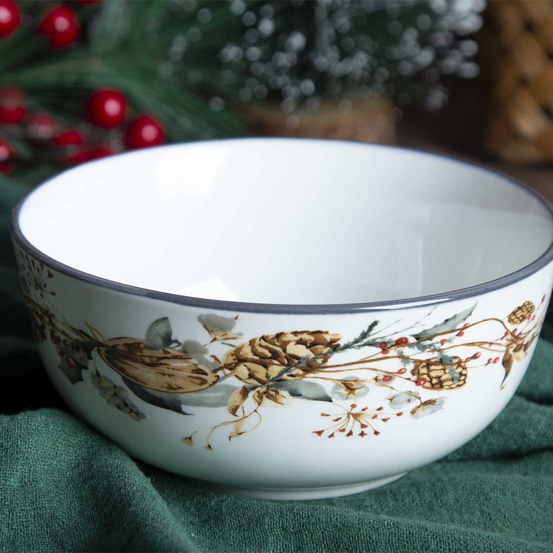 Happy Go 13.8CM (510ML) White Porcelain BOWL WITH CHRISTMAS DECAL AND COLOR RIM