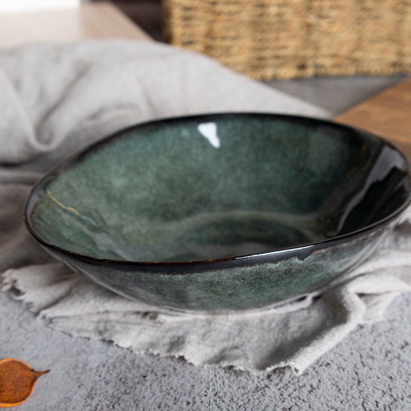 24cm (38oz) Grey Green Reactive Glaze Ceramic Triangle Soup Bowl, Creative Shape for Stylish Dining