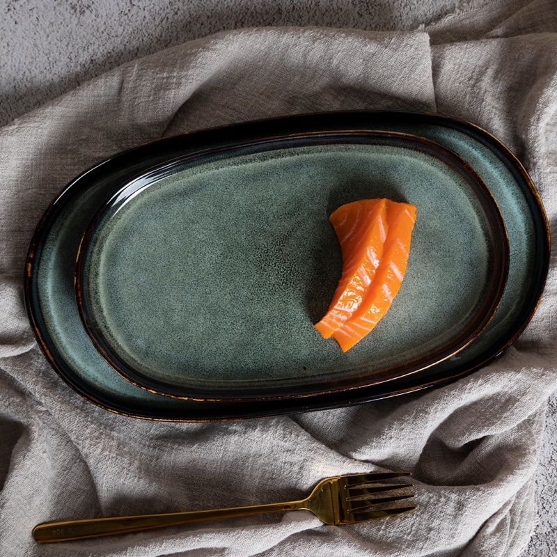 28.4cm Double Foot Oval Plate / 23.5cm Oval Plate Grey Green Reactive Glaze Ceramic Plates, Natural