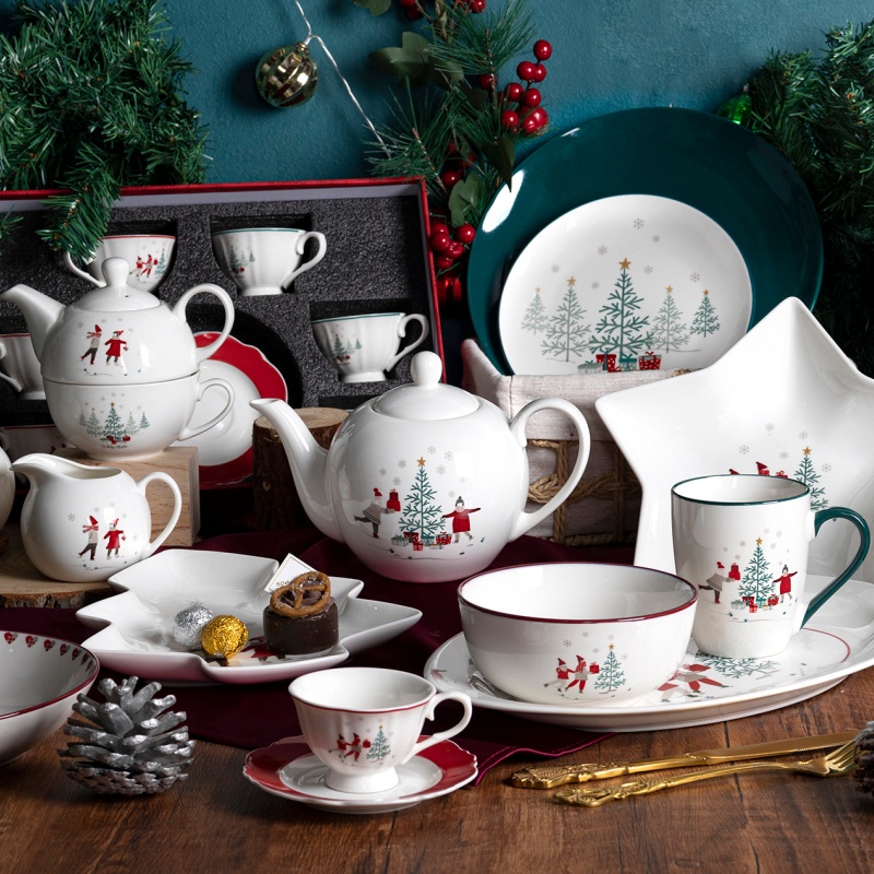 Christmas Winter Forest Dinnerware & Tea Set, Printed Porcelain with Plates, Bowls & Star Dish