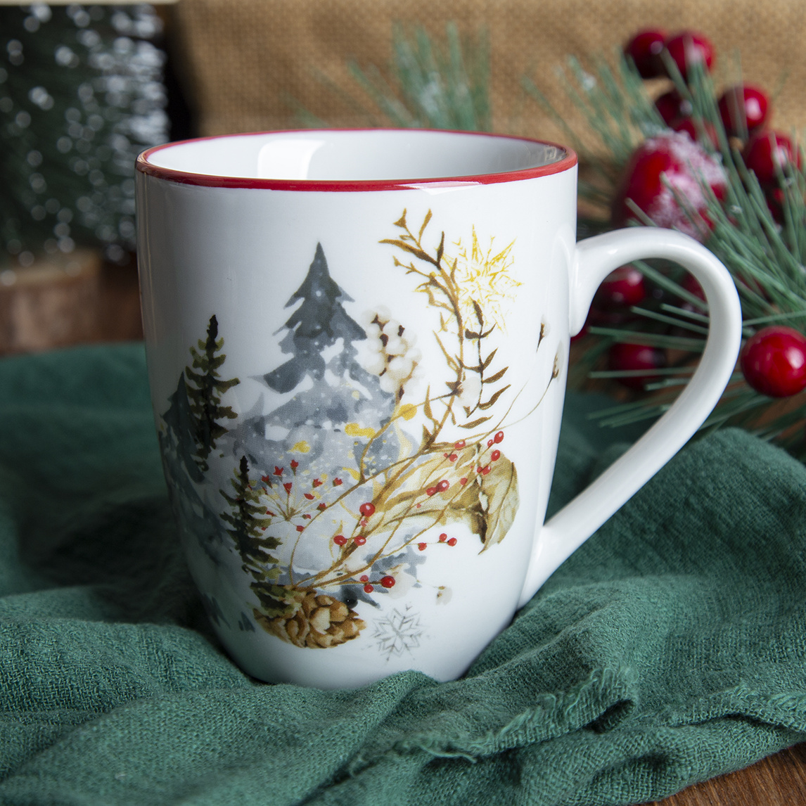 Happy Go Porcelain 11OZ(320ML) Christmas MUG WITH DECAL AND COLOR RIM
