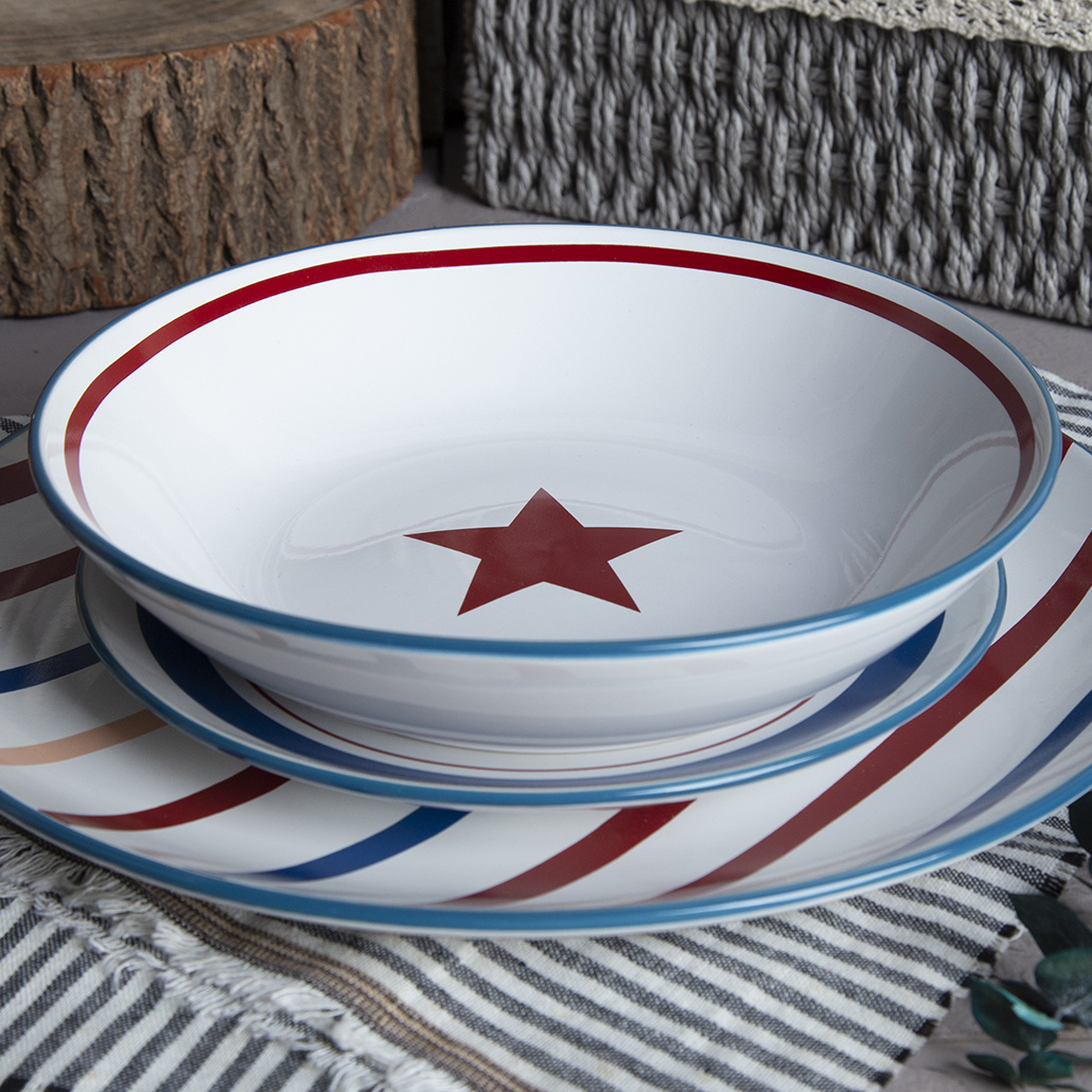 Happy Go STONEWARE 8" SOUP PLATE COLOR GLAZE WITH DECAL WITH COLOR RIM
