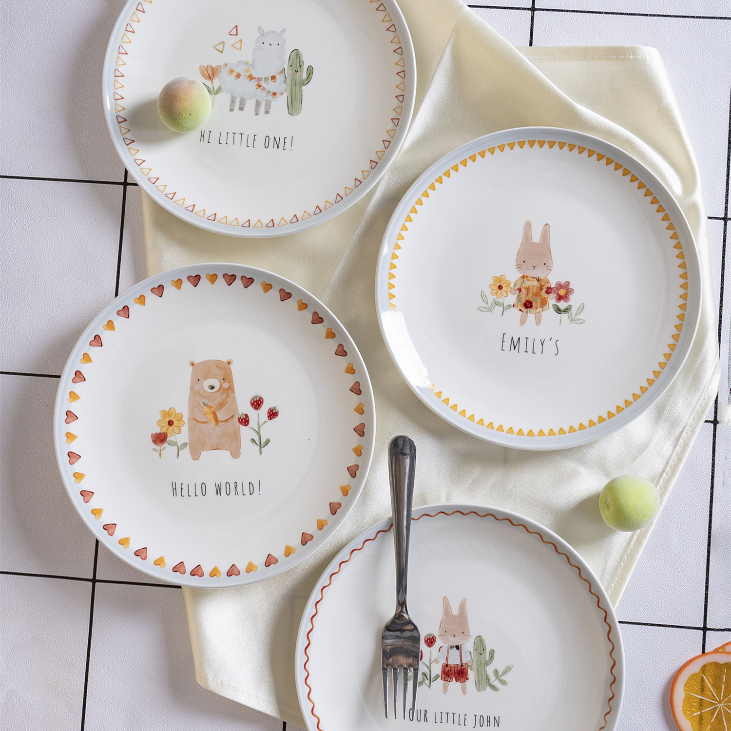 Kids Cartoon Dinnerware Set – Cute Animal & Floral Printed Porcelain Plates, Bowls & Mugs