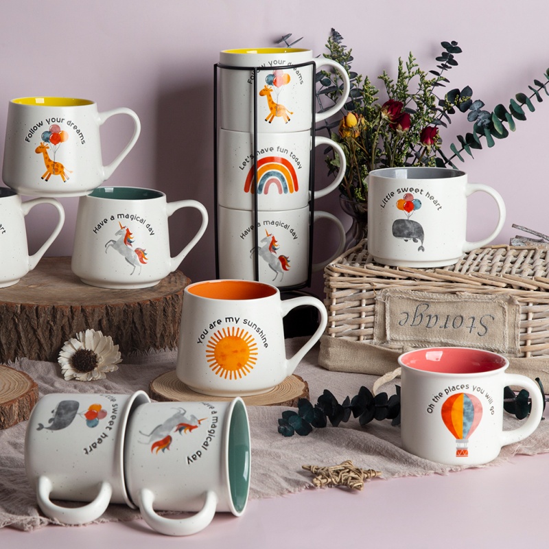 Cute Animal & Rainbow Series – 12oz Color Glazed Mug and 16oz Bowl, Cartoon Printed Dinnerware Set
