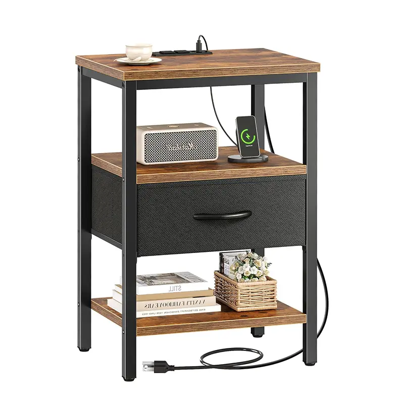 3-Tier Side Table Nightstand Metal USB Charging Station