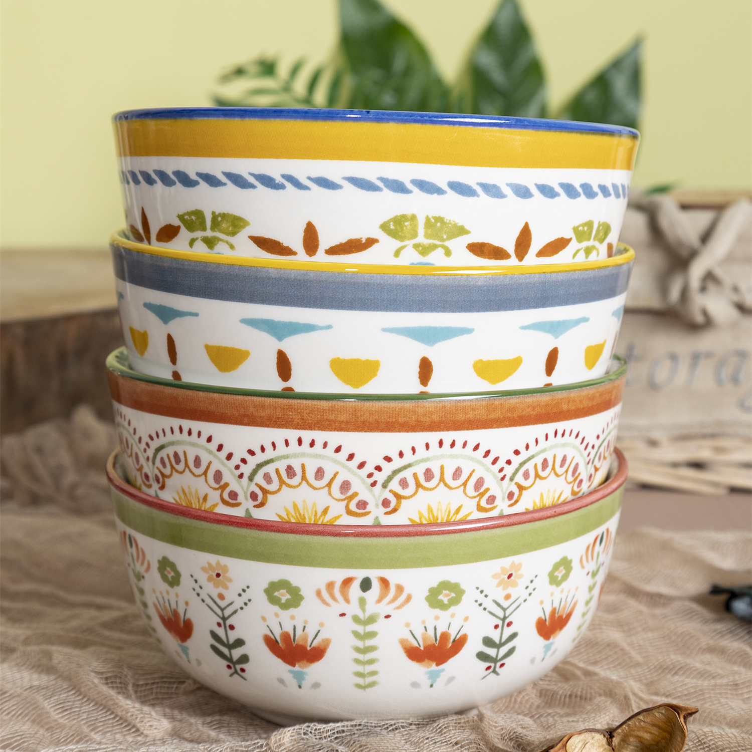 Happy Go 13.8CM (510ML) White Porcelain BOWL WITH DECAL DESIGN AND COLOR RIM