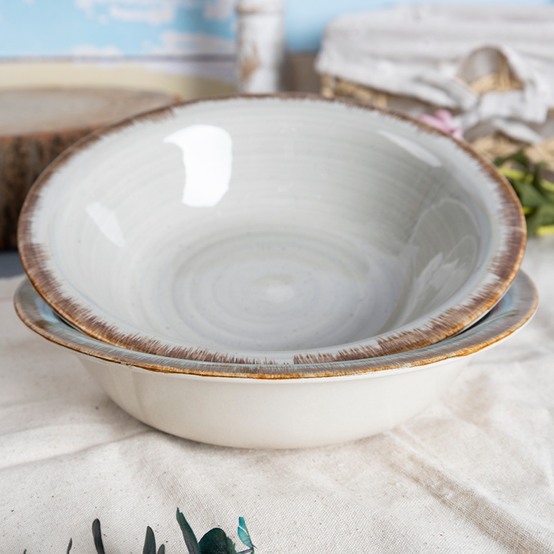 Happy Go 21.5cm（700ml) Soup Bowl Handpainting With Brown Brush With Oneside Speckle