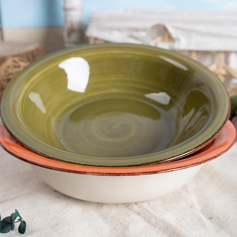 Happy Go 21.5cm（700ml) Soup Bowl Handpainting With Brown Brush With Speckles