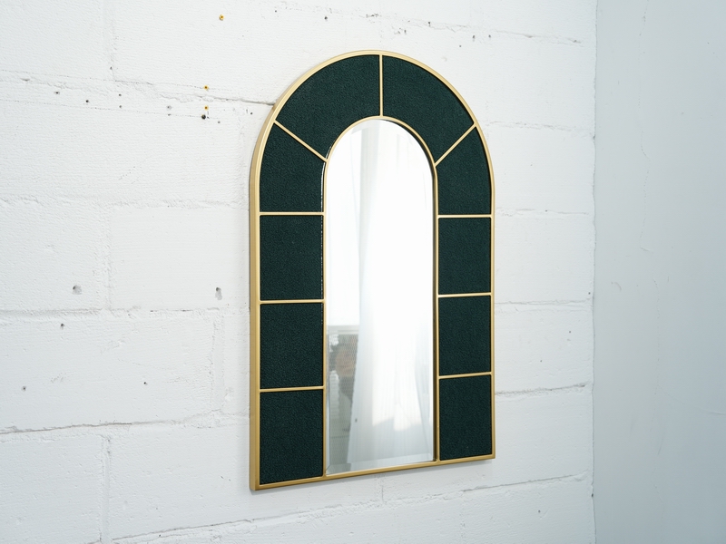 Gold-framed Dark Green Velvet Arched Grid Wall-mounted Mirror