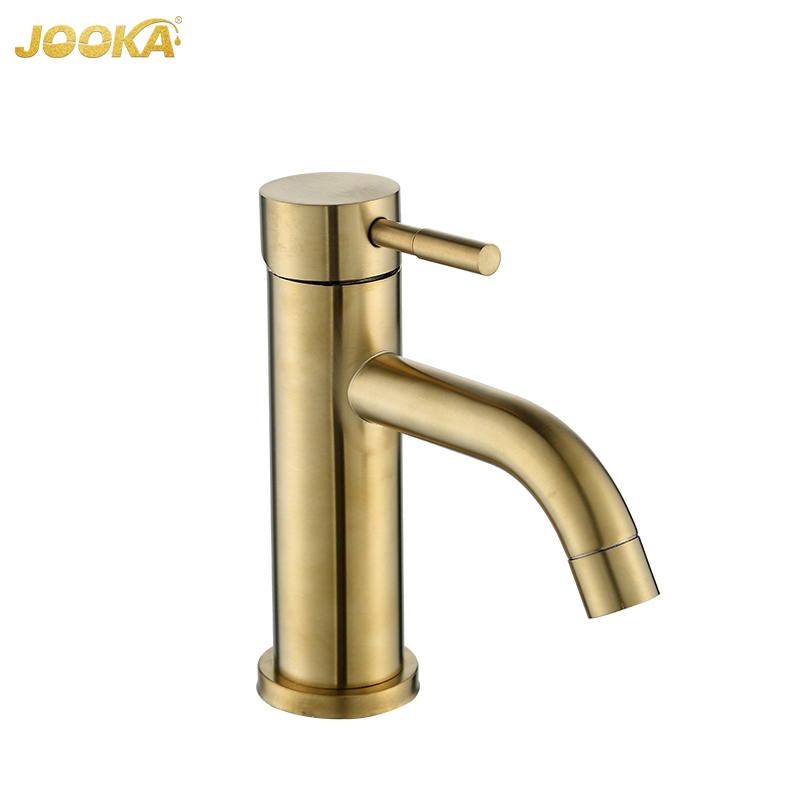 Gold 304 Short Curved Mouth Single Hole Hot and Cold Basin Faucet