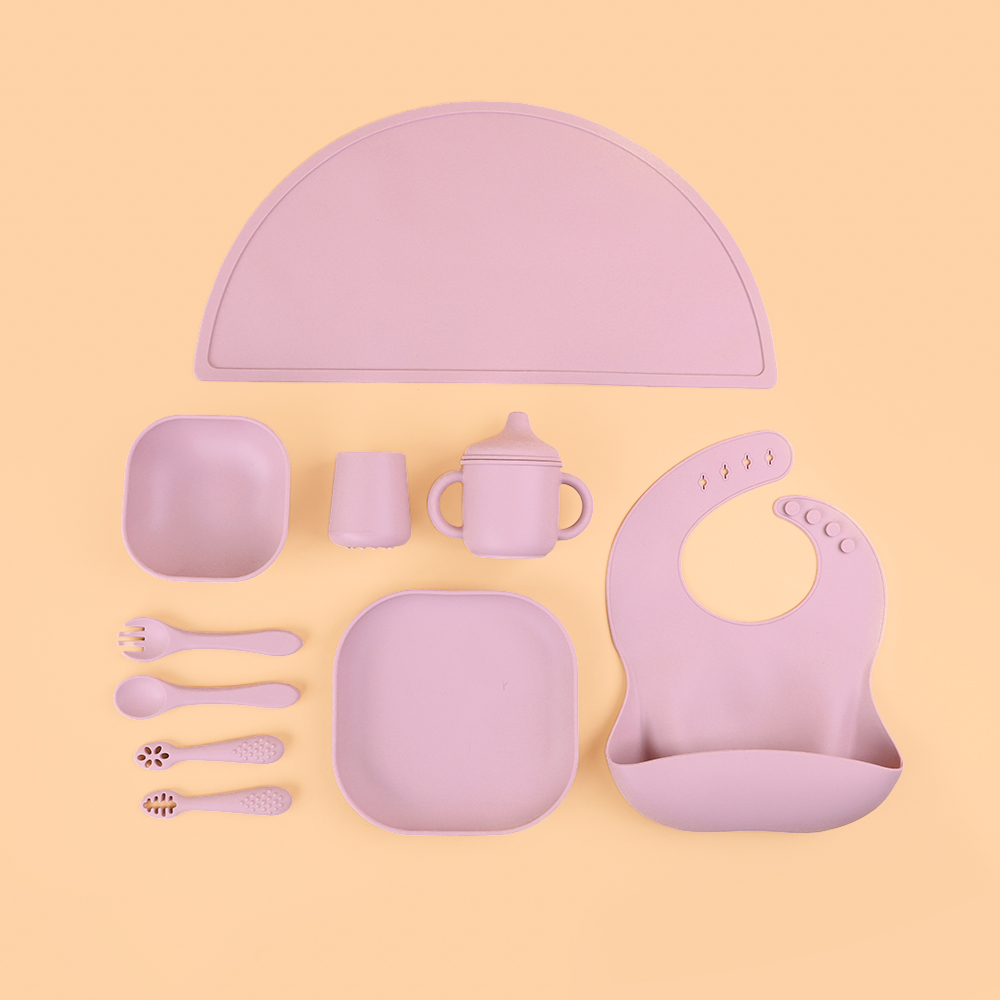 Bangxing 10 In 1 Baby Table Mat Bib Plate Bowl Spoon Fork Cup Bpa Free Silicon Baby Feeding Set