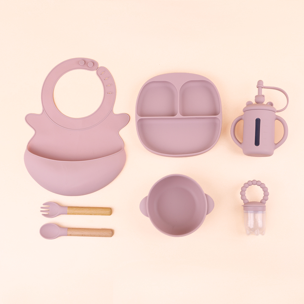 Bangxing Custom Baby Silicone Plate Bowl Sippy Cup Bib Silicon Prcifier Spoon Fork Baby Feeding Set